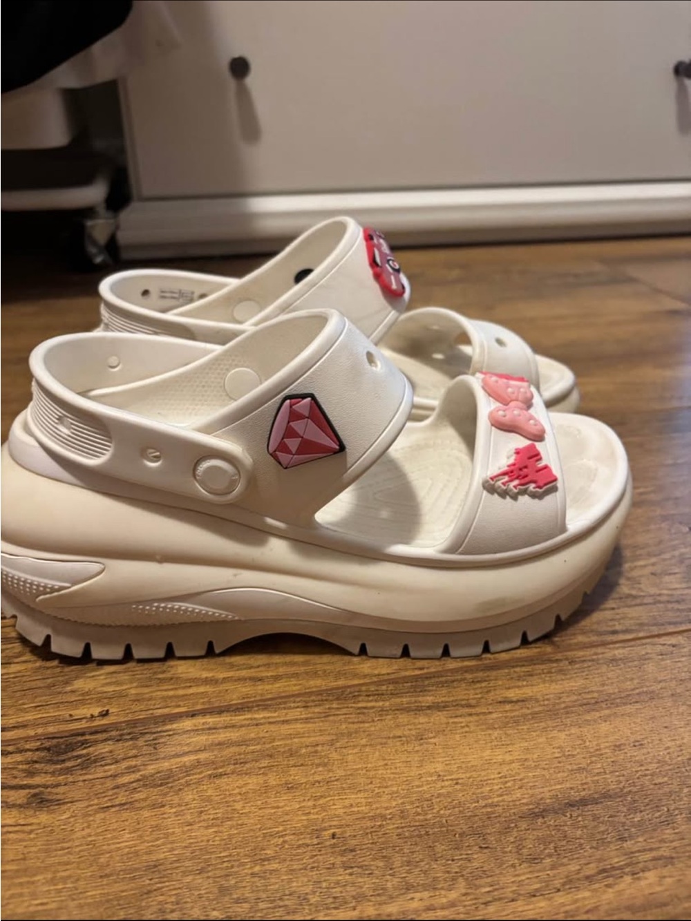 CROCS Platform Sandals in Cream with Pink Charms
